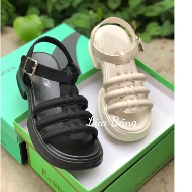 Sandal nữ đế cao 4cm da sần 3 quai đan ngang Fullbox - Đế độn mùa hè du lịch 265k