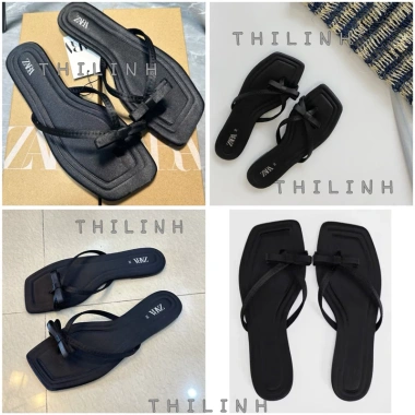 Sandal xỏ ngón mũi vuông nơ satin, đế bệt 1cm phong cách đơn giản, đi biển mùa hè - Giá 249.000đ Fullbox