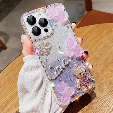 Sang Trọng Ốp iPhone TPU mềm chống rơi hình gấu hoa đính đá lấp lánh cho iPhone 15 14 13 12 Pro Max