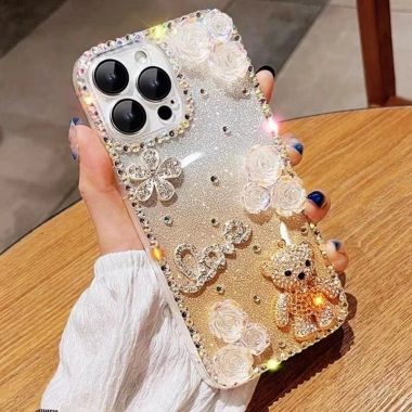 Sang Trọng Ốp iPhone TPU mềm chống rơi hình gấu hoa đính đá lấp lánh cho iPhone 15 14 13 12 Pro Max