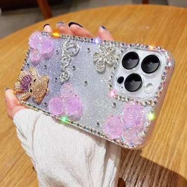 Sang Trọng Ốp iPhone TPU mềm chống rơi hình gấu hoa đính đá lấp lánh cho iPhone 15 14 13 12 Pro Max