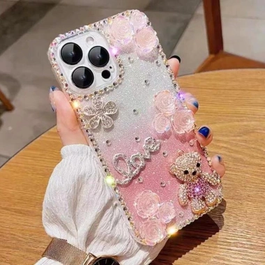 Sang Trọng Ốp iPhone TPU mềm chống rơi hình gấu hoa đính đá lấp lánh cho iPhone 15 14 13 12 Pro Max