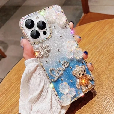 Sang Trọng Ốp iPhone TPU mềm chống rơi hình gấu hoa đính đá lấp lánh cho iPhone 15 14 13 12 Pro Max