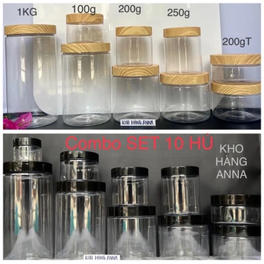 Set 10 hũ nhựa trong suốt + nắp đen/gỗ màu - Đựng gia vị thực phẩm đa kích thước 1kg-50g, giảm giá 28.000₫