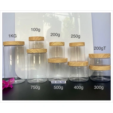 Set 10 hũ nhựa trong suốt + nắp đen/gỗ màu - Đựng gia vị thực phẩm đa kích thước 1kg-50g, giảm giá 28.000₫
