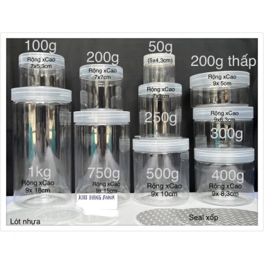 Set 10 hũ nhựa trong suốt + nắp đen/gỗ màu - Đựng gia vị thực phẩm đa kích thước 1kg-50g, giảm giá 28.000₫