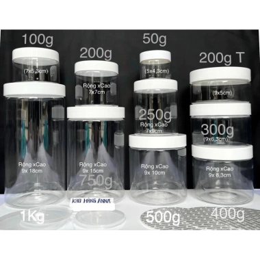 Set 10 hũ nhựa trong suốt + nắp đen/gỗ màu - Đựng gia vị thực phẩm đa kích thước 1kg-50g, giảm giá 28.000₫