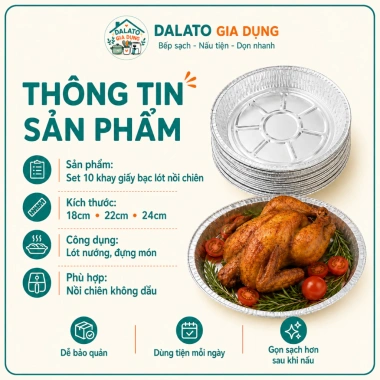Set 10 khay giấy bạc lót nồi chiên không dầu 18-24cm dày cứng, tái sử dụng 7