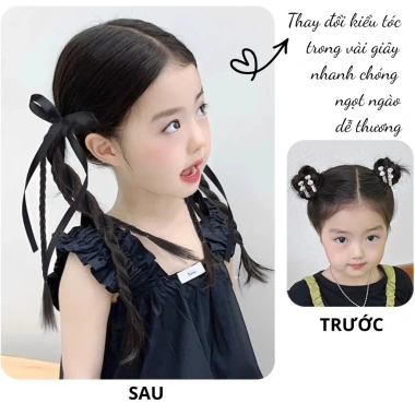 Set 2 Tóc Giả Nơ Xoắn Tết 2 Bên Mix kèm Ruy Băng 35cm Hàn Quốc cho Bé Gái 4