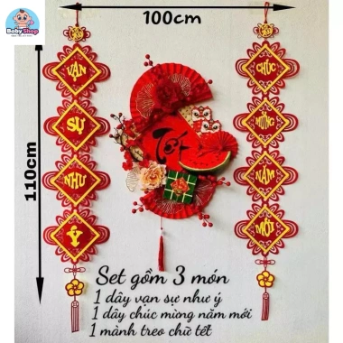 Set 3 Món Decor Tết 2.026: Mành Treo Chữ Tết, Dây Vạn Sự Như Ý, Dây Chúc Mừng Năm Mới 99.000₫