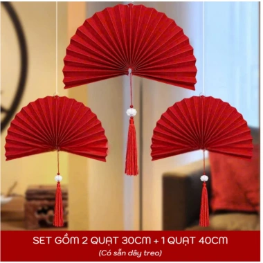 Set 3 Quạt Giấy Đỏ Tết 2.026 kèm Tua Rua Ngọc - Trang Trí Nhà Cửa, Quán Cafe, Lớp Học, Giá 20.000₫
