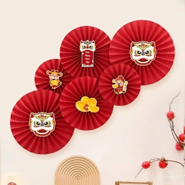 Set 3 Quạt Giấy Đỏ Tết 2.026 kèm Tua Rua Ngọc - Trang Trí Nhà Cửa, Quán Cafe, Lớp Học, Giá 20.000₫