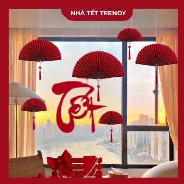Set 3 Quạt Giấy Đỏ + Tua Rua Ngọc Tài Lộc Đón Tết Bính Ngọ – DIY Trang Trí Nhà Cửa, Quán Café, Giá 21.000₫