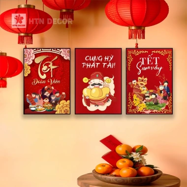 Set 3 Tranh Dán Tường Ngày Tết Cao Cấp HTN Decor - Tết Ất Tỵ 2.025 Sum Vầy, Trang Trí Lễ Hội, Giá Ưu Đãi 55k