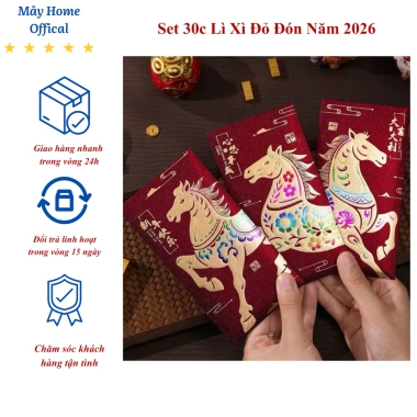 Set 30 Lì Xì Đỏ Năm Mới 2.026 Bính Ngọ - Lì Xì Vàng In Nổi 3D Kim Tuyến Sang Trọng, Chúc Tết Cao Cấp