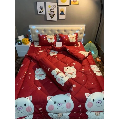 Set 5 món Chăn Phao Trần bông dày kèm Ga & Vỏ Gối cotton poly - Đa màu, mềm, giá 190k