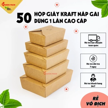 Set 50 Hộp Giấy Kraft Nắp Gài Dày Dặn, Thân Thiện Môi Trường - Đựng Bún, Mì, Salad cho Nhà Hàng, Quán Ăn - 130.000₫