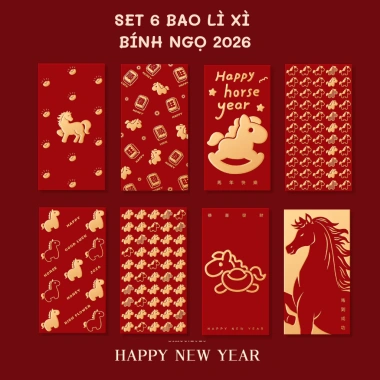 Set 6 Bao Lì Xì Đỏ Mạ Vàng Hình Ngựa Mã Đáo Thành Công - Tết Nguyên Đán Bính Ngọ 2.026 Giá 29.000