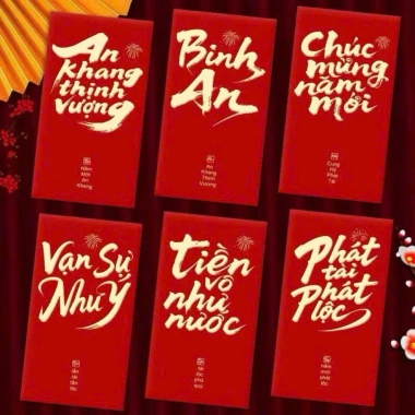 Set 6 Bao Lì Xì Đỏ Nhung Phủ Nhũ Kim 3D Dập Nóng, Giấy Dày Nút Đóng 9x17cm - Giá 15.900₫