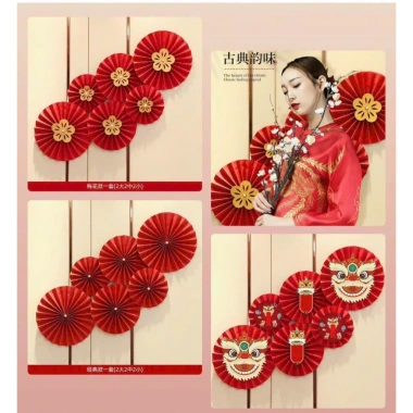 Set 6 Quạt Giấy Đỏ + Dải Giấy Gợn Sóng Trang Trí Tết 2.026, Giá 19.000₫