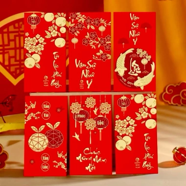 Set 60 bao lì xì nhung đỏ 2.026 mix mẫu 9x16cm - to vừa tờ, giá xưởng 25.800₫