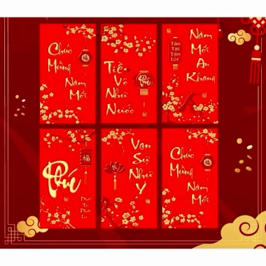 Set 60 bao lì xì nhung đỏ 2.026 mix mẫu 9x16cm - to vừa tờ, giá xưởng 25.800₫