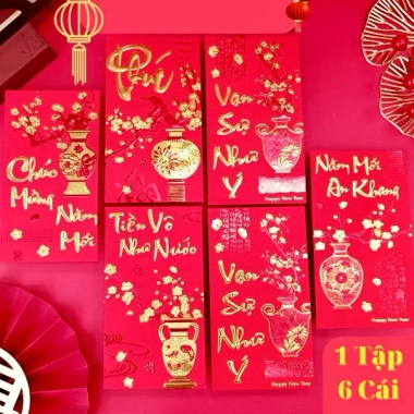 Set 60 bao lì xì nhung đỏ 2.026 mix mẫu 9x16cm - to vừa tờ, giá xưởng 25.800₫