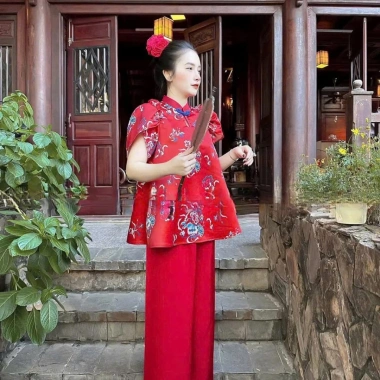 Set áo cách tân phượng đỏ + quần lụa Laviecloset 628 - Giảm giá chỉ 135.000đ