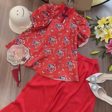 Set áo cách tân phượng đỏ + quần lụa Laviecloset 628 - Giảm giá chỉ 135.000đ 2