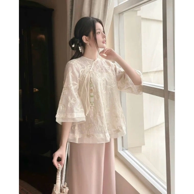Set Áo Cách Tân Voan Be Thêu Nơ Thanh Yến, Quần Lụa Hồng - Đi Tết 2.026 Giá 325k 2