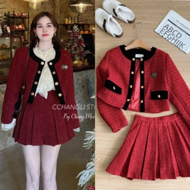 Sét Áo Dạ Tweed Nhung Mix – Chân váy Xếp Ly + Quần, Đẹp Dành Tết Noel, Giá 265k