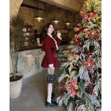 Sét Áo Dạ Tweed Nhung Mix – Chân váy Xếp Ly + Quần, Đẹp Dành Tết Noel, Giá 265k
