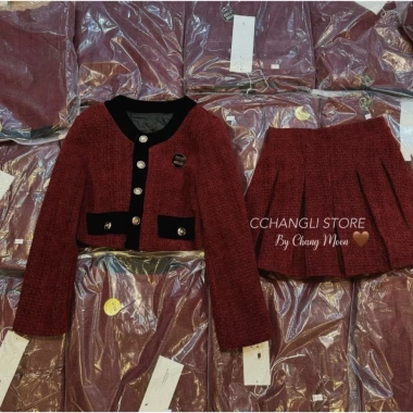 Sét Áo Dạ Tweed Nhung Mix – Chân váy Xếp Ly + Quần, Đẹp Dành Tết Noel, Giá 265k