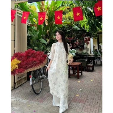 Set áo dài cách tân 4 tà khanh yên thều hoa phối cổ sen dáng suông kèm quần siêu - Ưu đãi Tết 2.025 289k 3