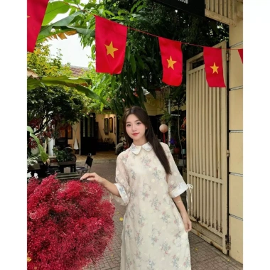Set áo dài cách tân 4 tà khanh yên thều hoa phối cổ sen dáng suông kèm quần siêu - Ưu đãi Tết 2.025 289k 8