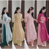 Set áo dài cách tân Du Xuân 2.024 - áo tơ hoa cao cấp đính nơ tàu dọc, quần tuyết nhung suông dài, giảm giá 232k