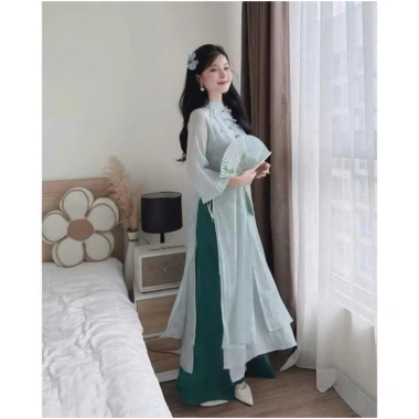 Set áo dài cách tân Du Xuân 2.024 - áo tơ hoa cao cấp đính nơ tàu dọc, quần tuyết nhung suông dài, giảm giá 232k 3