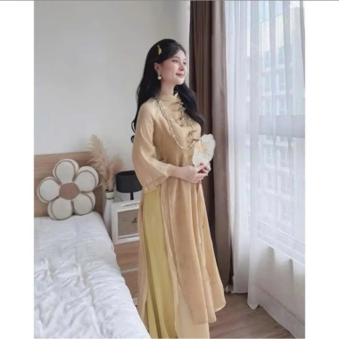 Set áo dài cách tân Du Xuân 2.024 - áo tơ hoa cao cấp đính nơ tàu dọc, quần tuyết nhung suông dài, giảm giá 232k 4