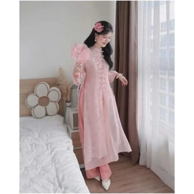 Set áo dài cách tân Du Xuân 2.024 - áo tơ hoa cao cấp đính nơ tàu dọc, quần tuyết nhung suông dài, giảm giá 232k 6