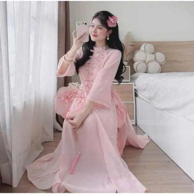 Set áo dài cách tân Du Xuân 2.024 - áo tơ hoa cao cấp đính nơ tàu dọc, quần tuyết nhung suông dài, giảm giá 232k 7