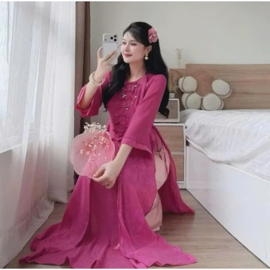 Set áo dài cách tân Du Xuân 2.024 - áo tơ hoa cao cấp đính nơ tàu dọc, quần tuyết nhung suông dài, giảm giá 232k 8