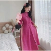 Set áo dài cách tân Du Xuân 2.024 - áo tơ hoa cao cấp đính nơ tàu dọc, quần tuyết nhung suông dài, giảm giá 232k 9