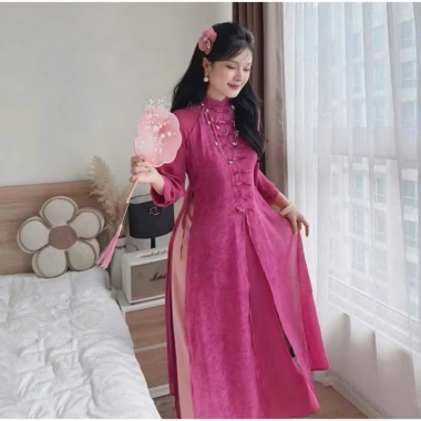 Set áo dài cách tân Du Xuân 2.024 - áo tơ hoa cao cấp đính nơ tàu dọc, quần tuyết nhung suông dài, giảm giá 232k 9