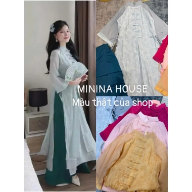 Set áo dài cách tân Du Xuân 2.024 - áo tơ hoa cao cấp đính nơ tàu dọc, quần tuyết nhung suông dài, giảm giá 232k 10