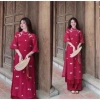 Sét áo dài cách tân du xuân đỏ hiện đại tơ in hoa tay lỡ nơ cổ trụ và quần dài lụa mango 188.005 VND