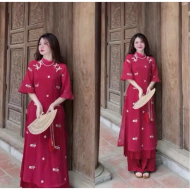 Sét áo dài cách tân du xuân đỏ hiện đại tơ in hoa tay lỡ nơ cổ trụ và quần dài lụa mango 188.005 VND