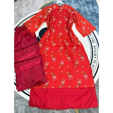 Sét áo dài cách tân du xuân đỏ hiện đại tơ in hoa tay lỡ nơ cổ trụ và quần dài lụa mango 188.005 VND