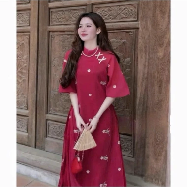 Sét áo dài cách tân du xuân đỏ hiện đại tơ in hoa tay lỡ nơ cổ trụ và quần dài lụa mango 188.005 VND