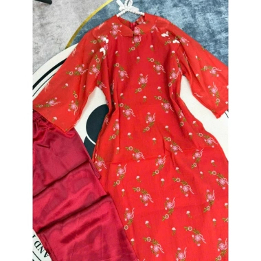 Sét áo dài cách tân du xuân đỏ hiện đại tơ in hoa tay lỡ nơ cổ trụ và quần dài lụa mango 188.005 VND
