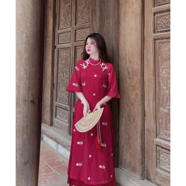 Sét áo dài cách tân du xuân đỏ hiện đại tơ in hoa tay lỡ nơ cổ trụ và quần dài lụa mango 188.005 VND